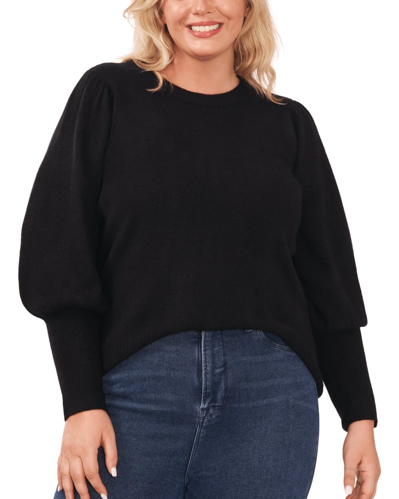 Front of a model wearing a size 1X Layla Puff Sleeve Sweater in RICH BLACK by CeCe. | dia_product_style_image_id:263565